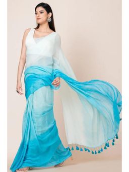 Isadora Life - Womens Ombre Printed Blue Pre-Draped Saree With Unstitched Blouse