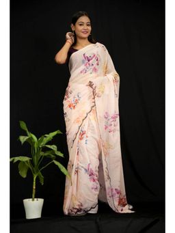 Isadora Life - Womens Floral Mirror Work Peach Pre-Draped Saree With Unstitched Blouse
