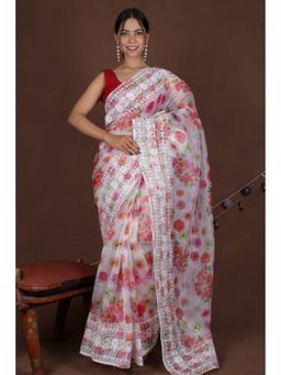 Isadora Life - Womens Floral Embroidered White Pre-Draped Saree With Unstitched Blouse
