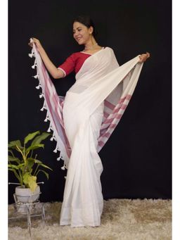 Isadora Life - Womens Stripes Tassels White Pre-Draped Saree With Unstitched Blouse