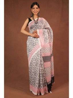 Isadora Life - Womens Printed Tassels Off White Pre-Draped Saree With Unstitched Blouse