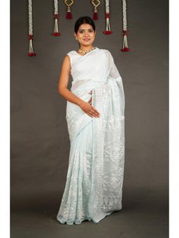 Isadora Life - Womens Embroidered Chikankari Blue Pre-Draped Saree With Unstitched Blouse
