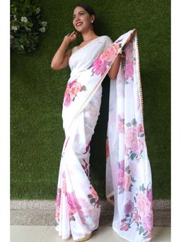 Isadora Life - Womens Floral Printed White Pre-Draped Saree With Unstitched Blouse