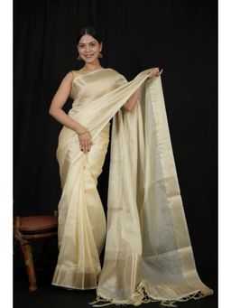 Isadora Life - Womens Stripes Zari Ivory Pre-Draped Saree With Unstitched Blouse