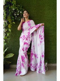 Isadora Life - Womens Tie & Dye Mirror Work White Pre-Draped Saree With Unstitched Blouse