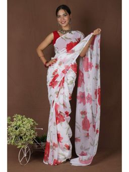 Isadora Life - Womens Floral Printed White Pre-Draped Saree With Unstitched Blouse