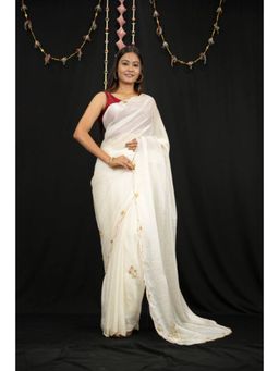 Isadora Life - Womens Embroidered Sequined Off White Pre-Draped Saree With Unstitched Blouse