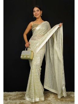 Isadora Life - Womens Embroidered Sequined Cream Pre-Draped Saree With Unstitched Blouse