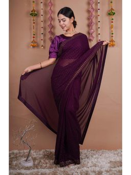 Isadora Life - Womens Beads Sequined Purple Pre-Draped Saree With Unstitched Blouse