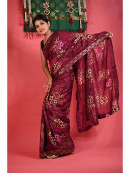 Isadora Life - Womens Floral Printed Wine Pre-Draped Saree With Unstitched Blouse