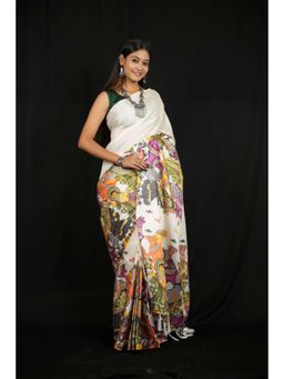 Isadora Life - Womens Printed White Pre-Draped Saree With Unstitched Blouse
