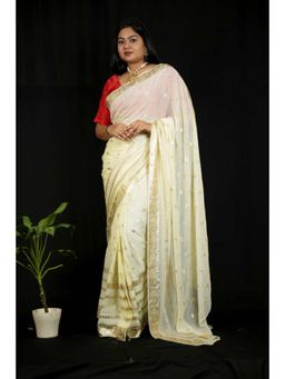 Isadora Life - Womens Woven Zari Ivory Pre-Draped Saree With Unstitched Blouse