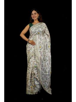 Isadora Life - Womens Printed White Pre-Draped Saree With Unstitched Blouse