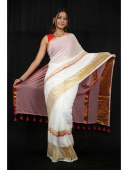 Isadora Life - Womens Woven Tassels White Pre-Draped Saree With Unstitched Blouse