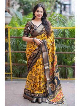 Isadora Life - Womens Floral Printed Yellow Pre-Draped Saree With Unstitched Blouse