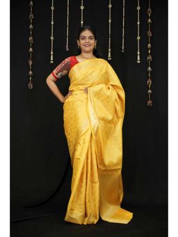 Isadora Life - Womens Woven Zari Yellow Pre-Draped Saree With Unstitched Blouse