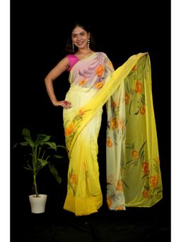 Isadora Life - Womens Floral Printed Yellow Pre-Draped Saree With Unstitched Blouse