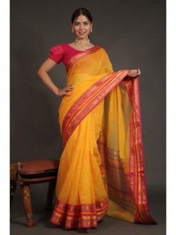 Isadora Life - Womens Solid Woven Yellow Pre-Draped Saree With Unstitched Blouse
