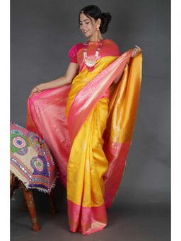 Isadora Life - Womens Woven Zari Yellow Pre-Draped Saree With Unstitched Blouse
