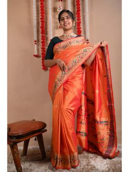 Isadora Life - Womens Woven Zari Orange Pre-Draped Saree With Unstitched Blouse