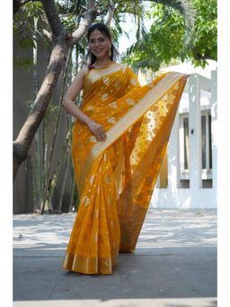 Isadora Life - Womens Woven Zari Mustard Pre-Draped Saree With Unstitched Blouse