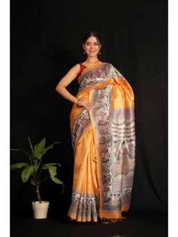 Isadora Life - Womens Printed Tassels Orange Pre-Draped Saree With Unstitched Blouse