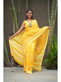 Isadora Life - Womens Printed Tassels Yellow Pre-Draped Saree With Unstitched Blouse