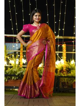 Isadora Life - Womens Woven Tassels Mustard Pre-Draped Saree With Unstitched Blouse