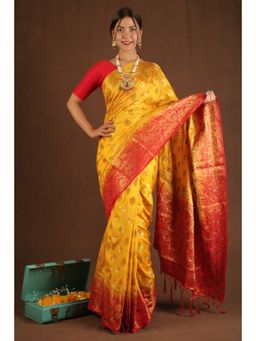 Isadora Life - Womens Woven Tassels Yellow Pre-Draped Saree With Unstitched Blouse