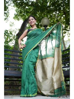 Isadora Life - Womens Woven Tassels Green Pre-Draped Saree With Unstitched Blouse