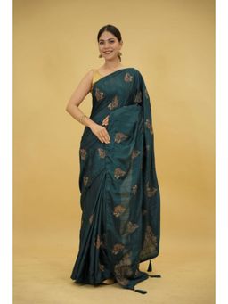 Isadora Life - Womens Embroidered Tassels Teal Pre-Draped Saree With Unstitched Blouse