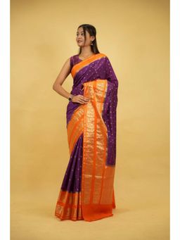 Isadora Life - Womens Woven Zari Purple Pre-Draped Saree With Unstitched Blouse