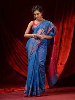 CHARUKRITI - Cobalt Blue Blended Cotton Woven Buttas and Floral Borders Saree with Unstitched Blouse