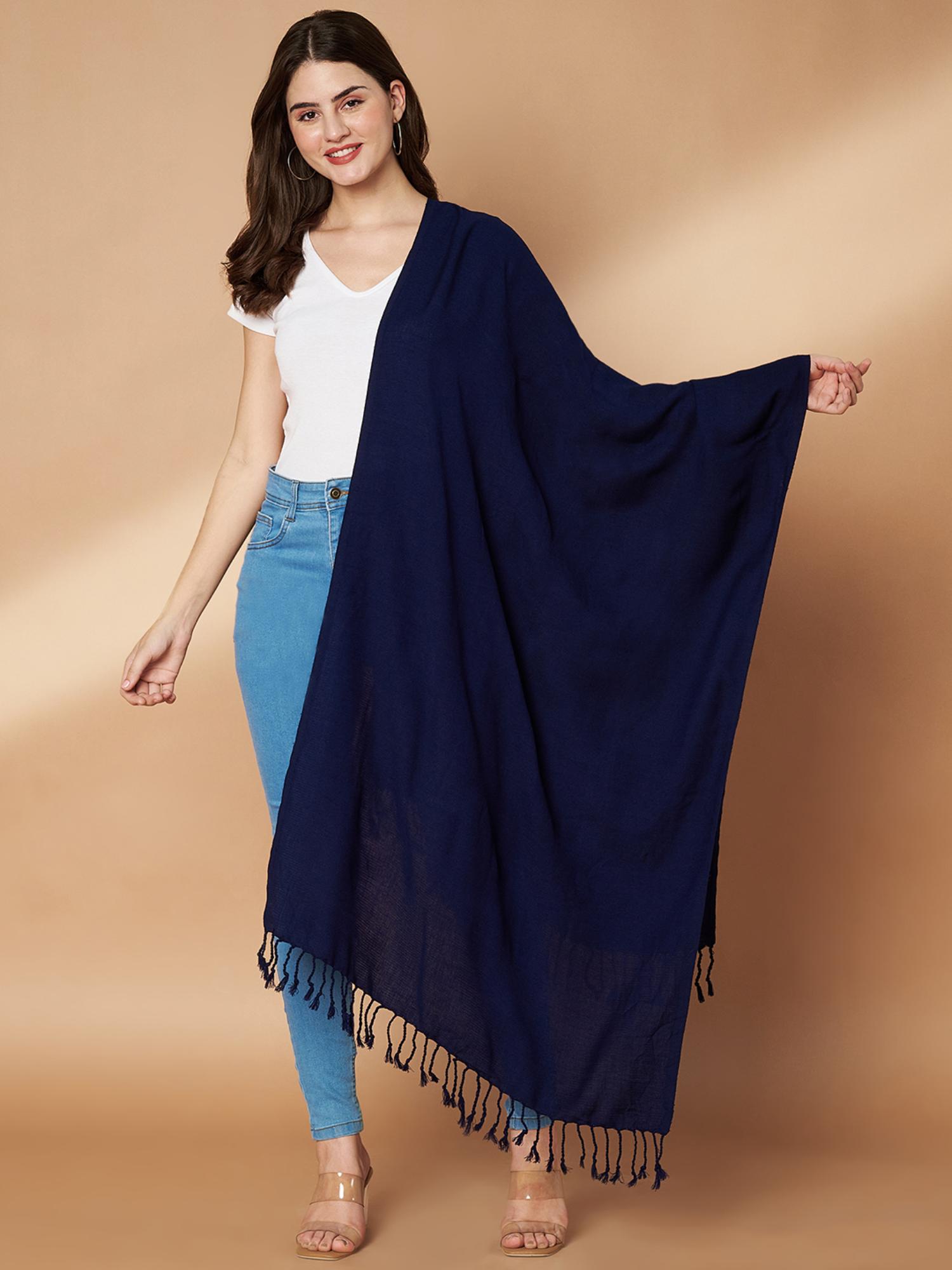 zamour Women Plain Navy Blue Woolen Stole-picture-10