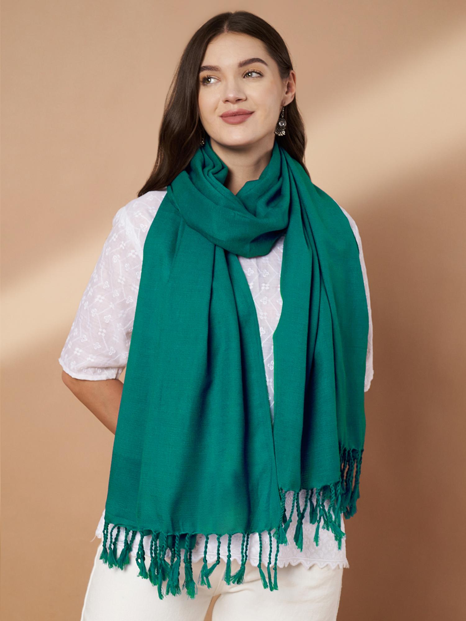 Women Plain Sea Green Woolen Stole-image-2
