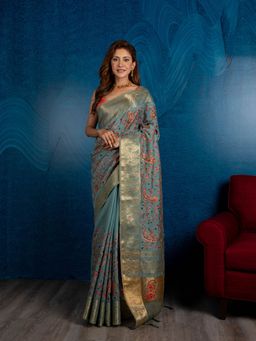 Beatitude - Blue Pink Embroidered Zari Silk Blend Saree with Unstitched Blouse