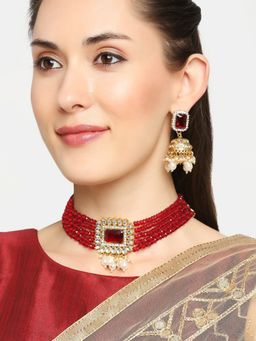 OOMPH - Maroon Beads & Kundan Pearls Multi Layer Choker Necklace Set with Earrings