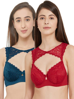 SOIE - Medium Coverage Non Padded Wired Demi Cup Bra with Detachable Lace Harness-Pack of 2-Multi-Color