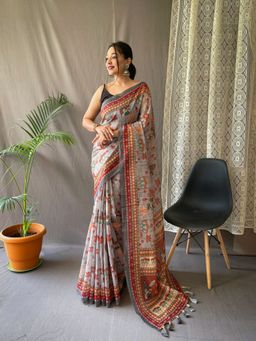 EXCLUSIVA - Grey Kalamkari Print Cotton Saree with Unstitched Blouse