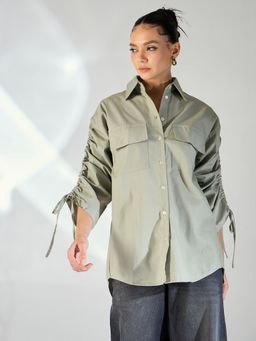Uptownie - Ruched Tie-Up Sleeves Cotton Shirt
