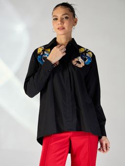 Uptownie - Black Sequined Applique Cotton Shirt