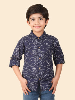 Fabindia - Navy Cotton Printed Spread Collar Roll-Up Sleeve Shirt