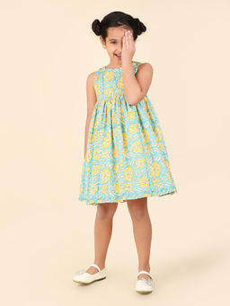 Fabindia - Blue Cotton Knee Length Floral Print Round Neck Fit & Flare Dress