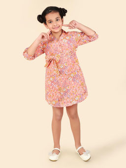 Fabindia - Pink Cotton Floral Print Spread Collar Regular Sleeve A-Line Dress