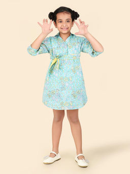 Fabindia - Teal Cotton Floral Print Spread Collar Regular Sleeve A-Line Dress