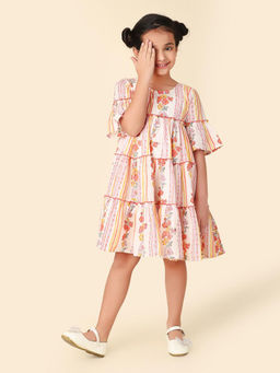 Fabindia - Multi Cotton Knee Length Floral Print Round Neck Flared Sleeves Tiered Dress