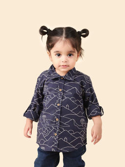 Fabindia - Navy Cotton Printed Spread Collar Roll-Up Sleeve Shirt
