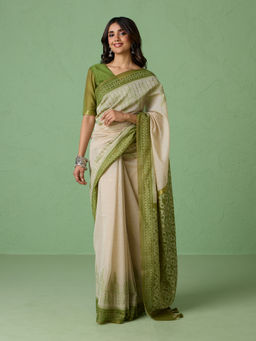 Likha - Linen All Over Jacquard Weave and Zari Work Beige Saree with Unstitched Blouse LIKPETSAR09