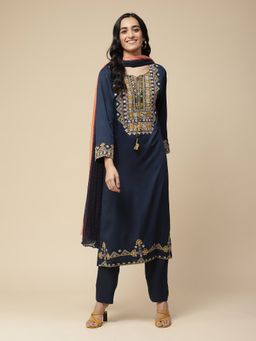 Aarke Ritu Kumar - Navy Blue Embroidered Kurta With Pant And Dupatta (Set of 3)
