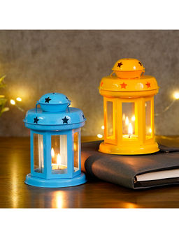 eCraftIndia - Set Of 2 Blue And Yellow Tea Light Holder Lantern
